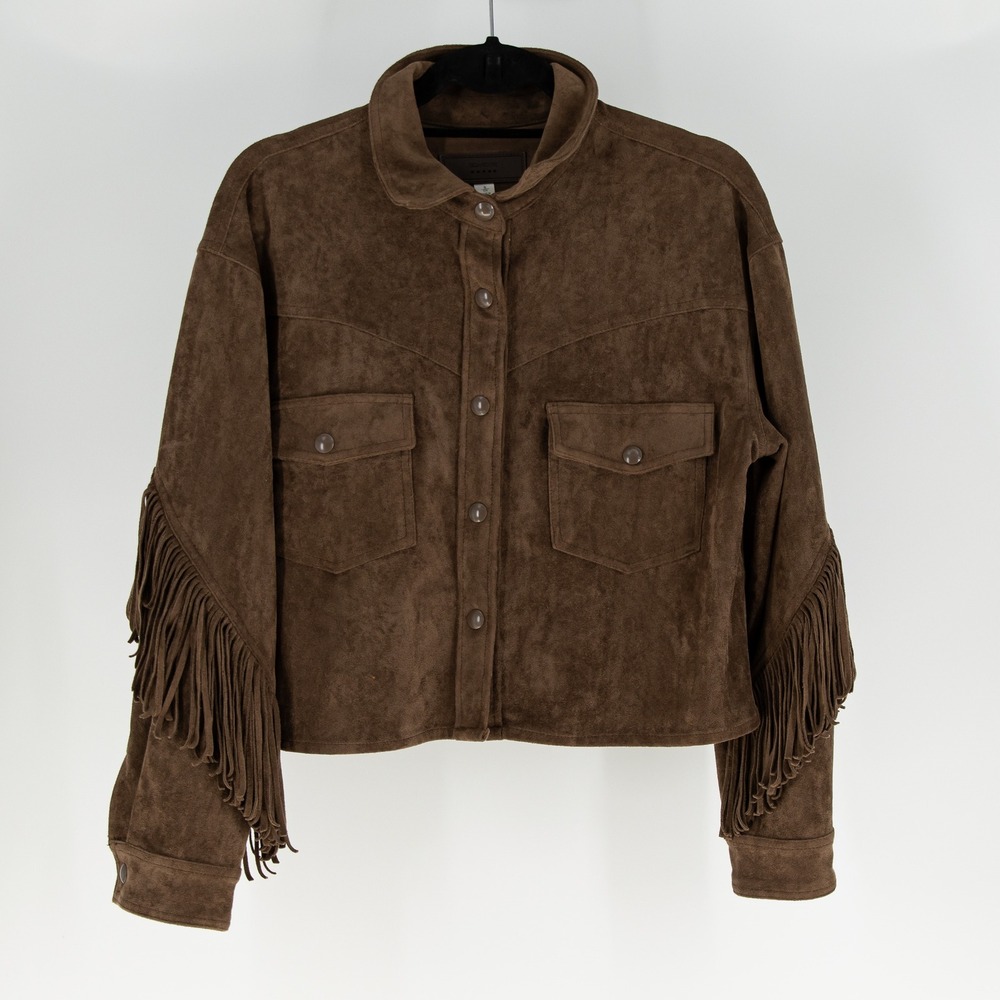 BLANKNYC Faux Vegan Suede Snap Button Front Fringe Western Jacket Brown Small